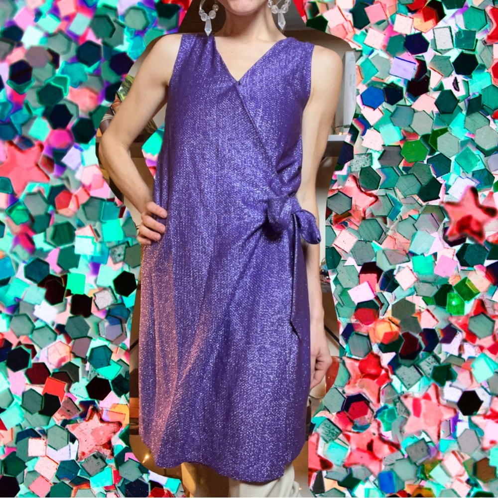 VTG 70s Metallic Threaded Purple Wrap Dress
